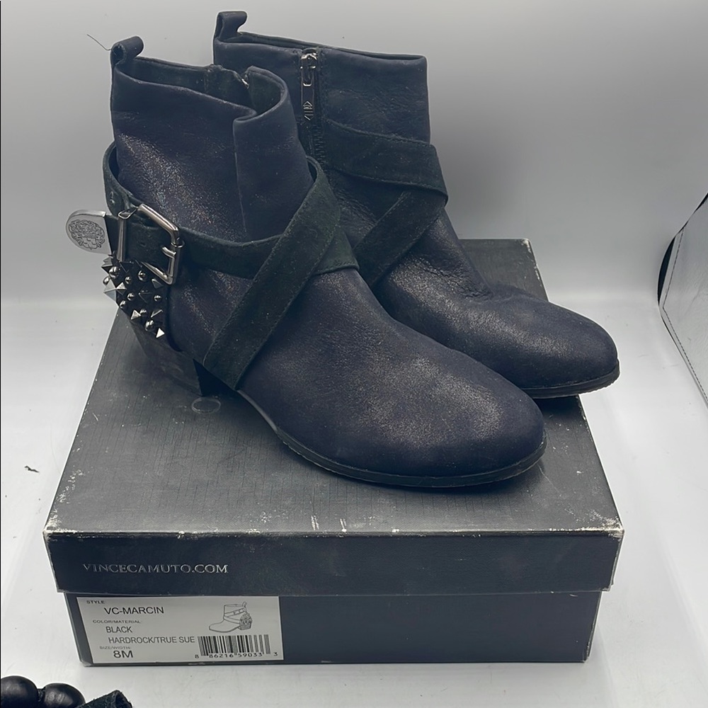 Vince Camuto Black Ankle Booties with Edgy Straps hard rock 8 studded